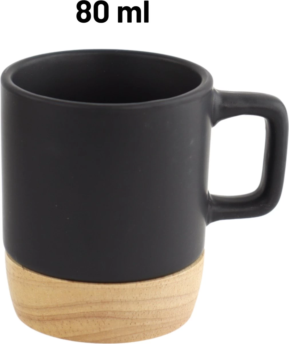 Orange85 Espresso Kopjes - Zwart - Set Van 4 - Met Bamboe Onderzetter - Met Oor - Koffiekopjes - Afbeelding 5