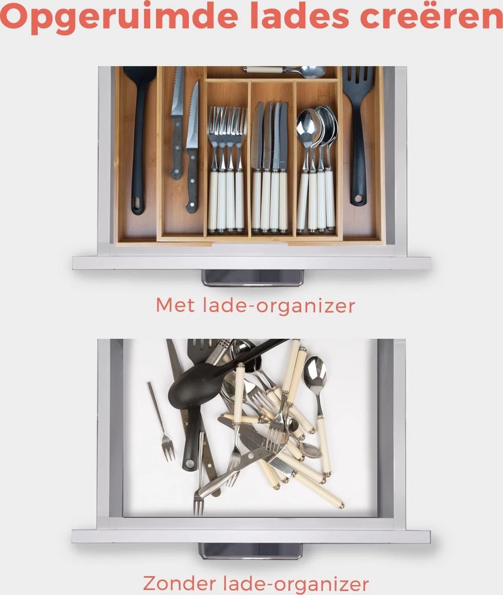 KitchenBrothers Bestekbak - Verstelbare Besteklade - 30 Tot 44.5cm - Bamboehout - Afbeelding 4