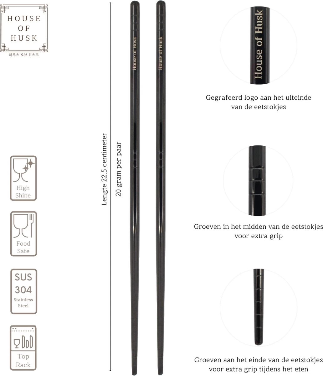 House Of Husk Chopsticks Set - Koreaanse Eetstokjes - Vaatwasserbestendig - RVS - 5 Paar - Zwart - Afbeelding 2