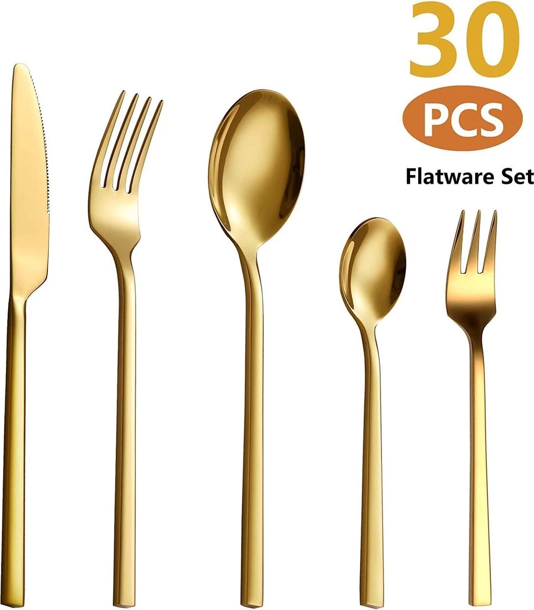 Cadeau 30-delige Gouden Zilverwerk Set Bestekset, Velaze 18/10 Roestvrijstalen Gebruiksvoorwerpen Service Voor 6 Personen Inclusief Dinerlepel, Diner Vork, Diner Mes, Dessertvork En Theelepel, Spiegel Gepolijst Ontwerp - Afbeelding 4