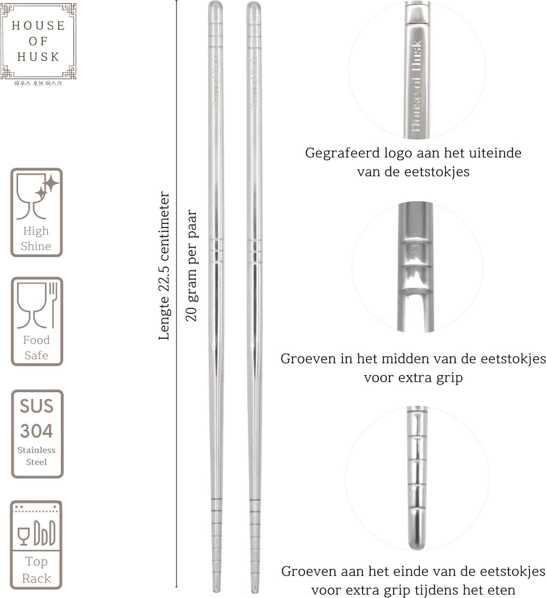 House Of Husk Chopsticks Set - Koreaanse Eetstokjes - Vaatwasserbestendig - RVS - 5 Paar - Zilver - Afbeelding 2