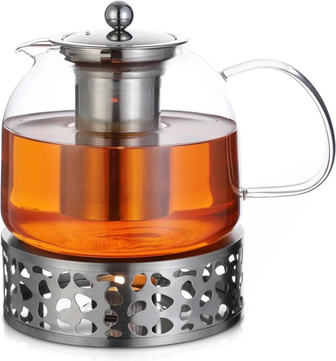 Monzana Theepot Glas - Met Theepotverwarmer – Voor 1,5 Liter RVS Zeef