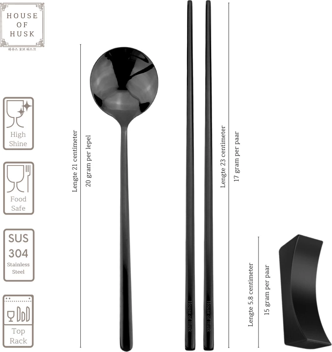 House Of Husk 1 Persoons Chopstick Set - 1 Paar Metalen Koreaanse Eetstokjes - Inclusief Eetlepel En Houder - RVS - Metaal - Eetstokjes - Koreaans - Vaatwasserbestendig - Sushi Chopsticks - Noodles - Zwart - Afbeelding 2