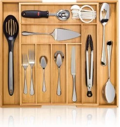 ACAZA Uitschuifbare Bestekbak In Bamboe Hout, Besteklade Met 7 Tot 9 Vakken, Ladeverdeler, Opbergbak, Bestekcassette, Verstelbaar