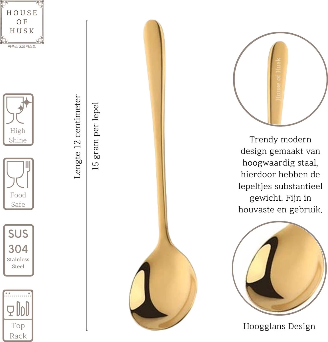 House Of Husk® Koffielepel Set - Theelepel - Koffielepeltjes - Espresso Lepeltjes - RVS - 12cm - 12 Stuks - Goud - Afbeelding 2