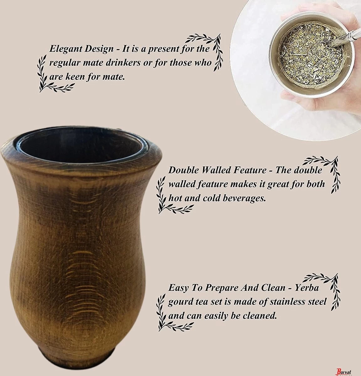 Borvat® | Houten Mate Gourd Cup, Yerba Mate Kalebas, Mate, Bombilla, Yerba Mate Cup - Afbeelding 2