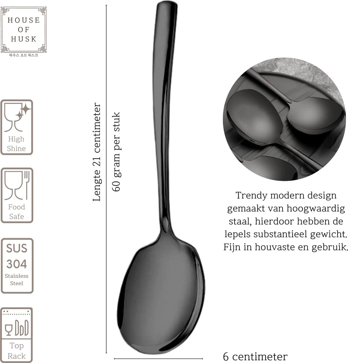 House Of Husk® Opscheplepel Set - Zwart - Serveerlepel - Groetelepel - Aardappellepel - 21cm - RVS - 4 Stuks - Afbeelding 2
