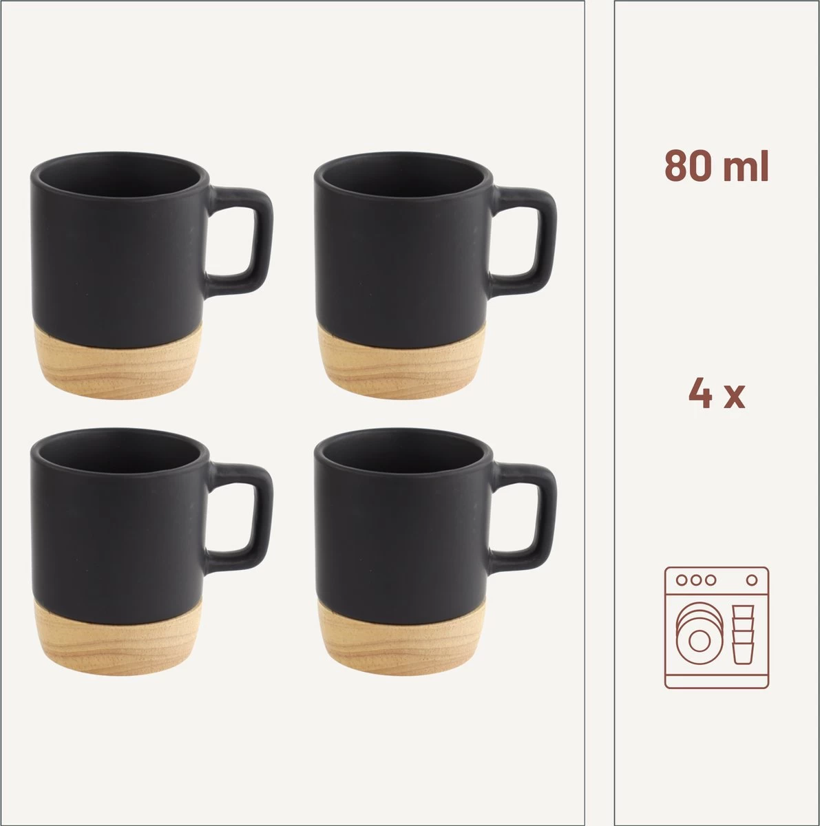Orange85 Espresso Kopjes - Zwart - Set Van 4 - Met Bamboe Onderzetter - Met Oor - Koffiekopjes - Afbeelding 4