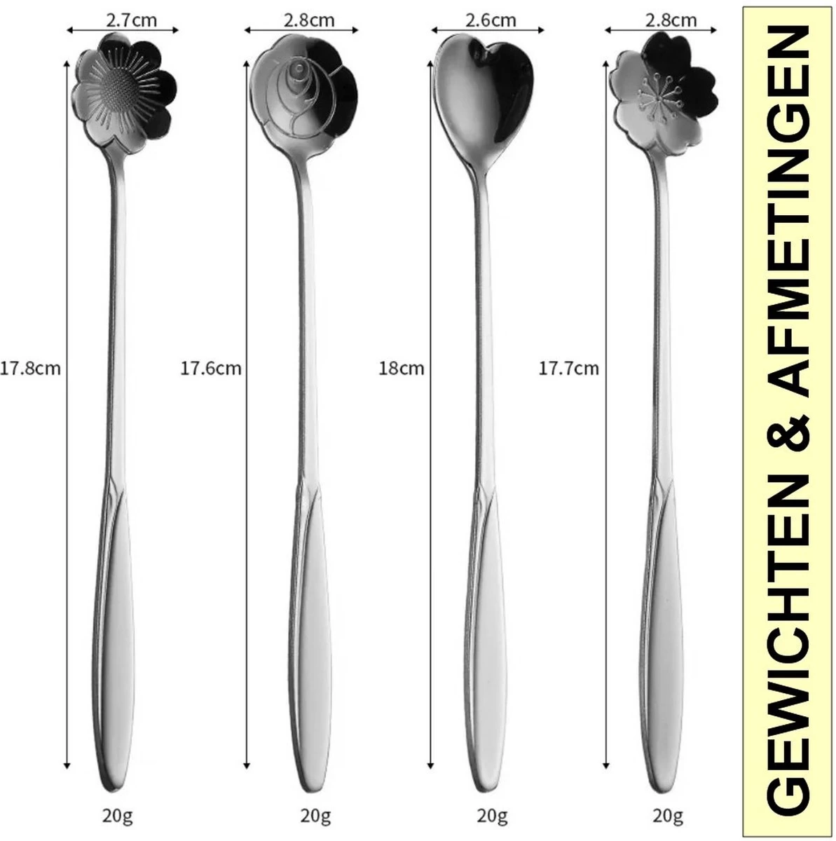 Fako Bijoux® - 8 Lange Lepels Bloem Motief - Latte Macchiato - Longdrink - Cocktail - Dessert - IJs - Koffie - Zilver - 8 Stuks - Bewaarzakje - Afbeelding 2