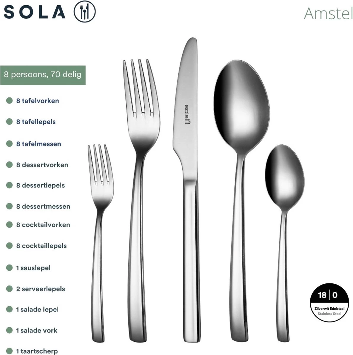 Sola Bestekset Amstel - Economy - 8 Persoons - 70 Delig - Zilver Chroomstaal 18/0 - RVS - Afbeelding 4