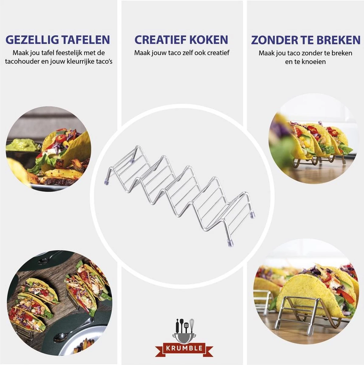 Krumble Taco Houder - Taco En Tortilla Houder Voor 4 Stuks - Serveerschalen - Koken & Tafelen - Kookgerei - Snack- & Tappasschalen - Metaal - Zilver - Afbeelding 2