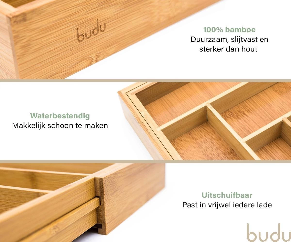 Budu Uitschuifbare Bamboe Bestekbak #43 (43 Cm Diep) - Bestekcassette Hout - Besteklade - 43 X 32,2 - 53 Cm - 6/8 Vakken - Afbeelding 3