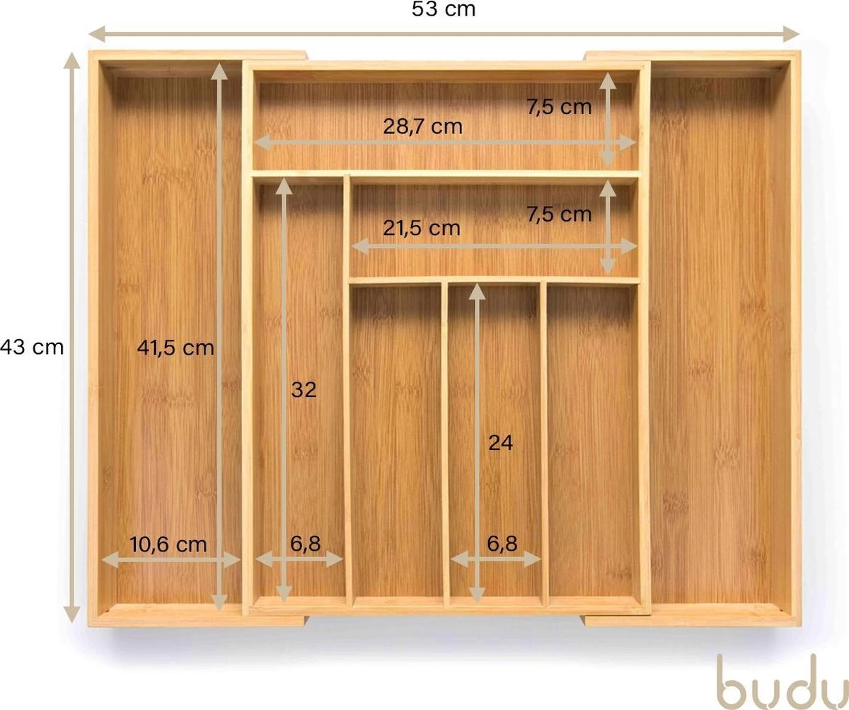 Budu Uitschuifbare Bamboe Bestekbak #43 (43 Cm Diep) - Bestekcassette Hout - Besteklade - 43 X 32,2 - 53 Cm - 6/8 Vakken - Afbeelding 6