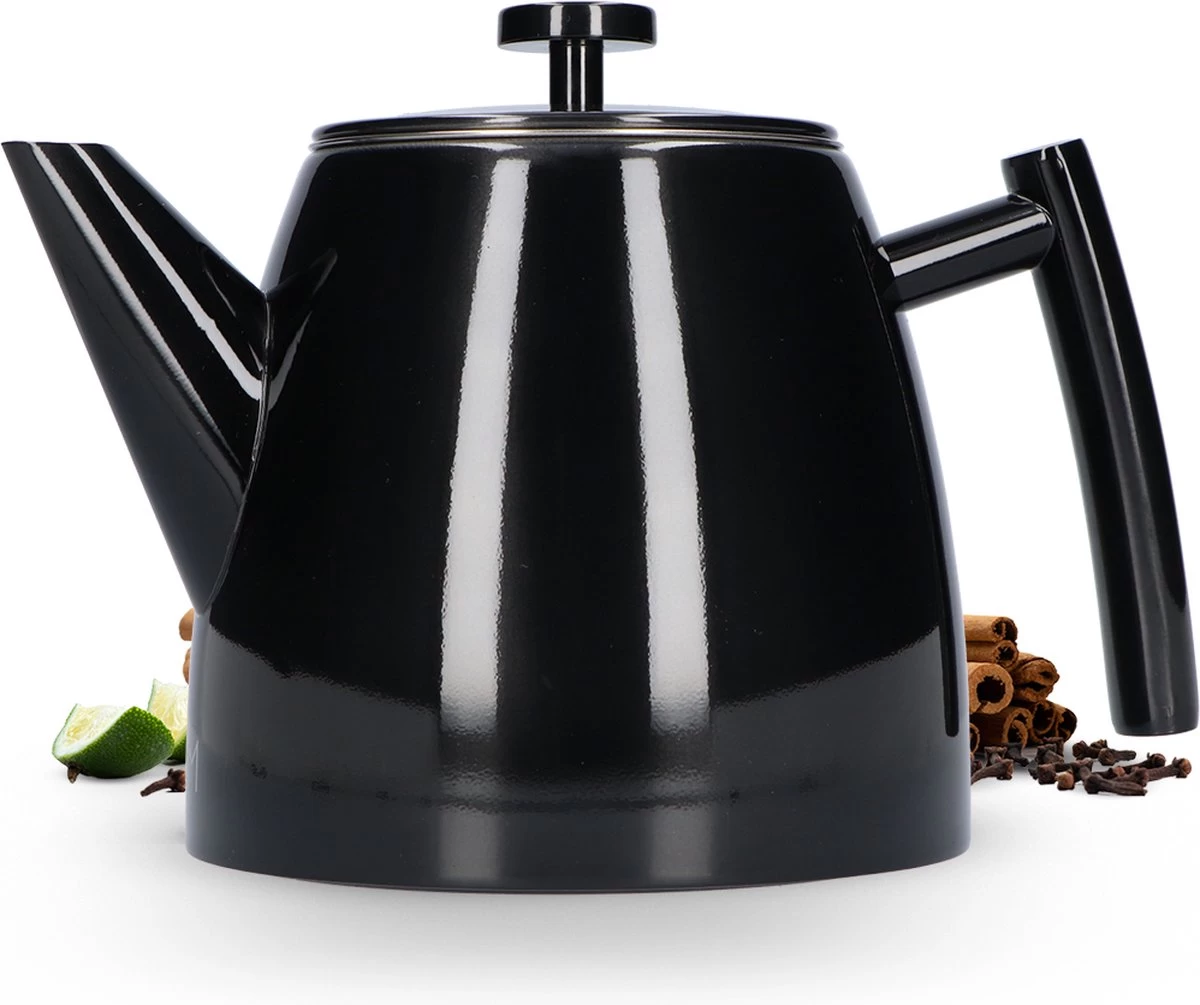 Vaja® Theepot Juliette Met Filter - Dubbelwandig -Theekan 1.0L - Glimmend Zwart