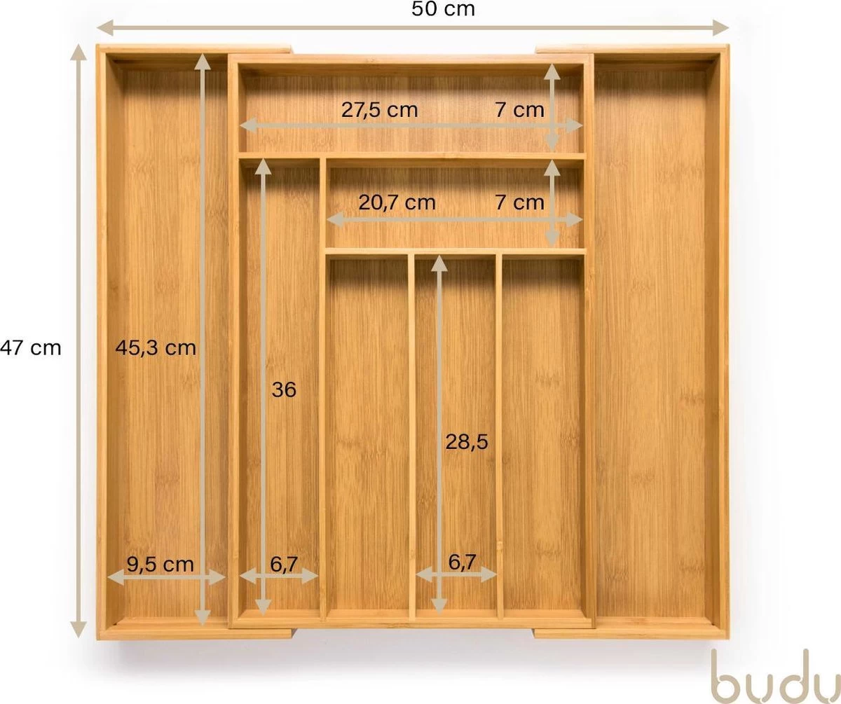 Budu Uitschuifbare Bamboe Bestekbak #47 (47 Cm Diep) - Bestekcassette Hout - Besteklade - 47 X 30,6 - 50 Cm - 6/8 Vakken - Afbeelding 8