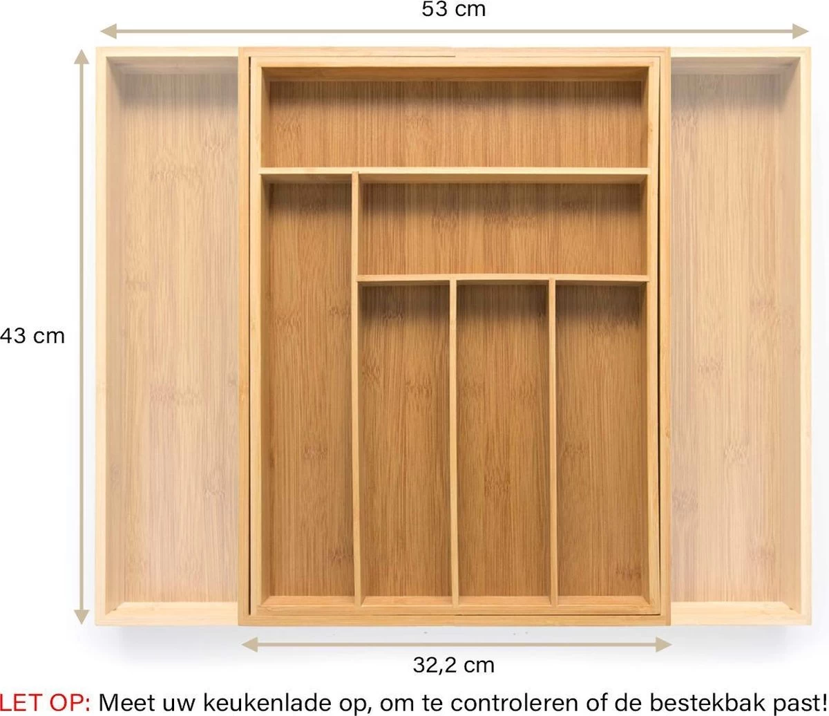 Budu Uitschuifbare Bamboe Bestekbak #43 (43 Cm Diep) - Bestekcassette Hout - Besteklade - 43 X 32,2 - 53 Cm - 6/8 Vakken - Afbeelding 5
