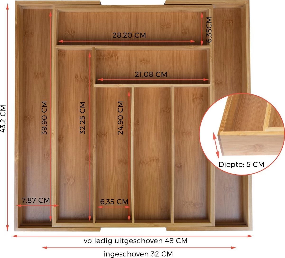 KitchenBrothers Bestekbak - Verstelbare Besteklade - 30 Tot 44.5cm - Bamboehout - Afbeelding 7