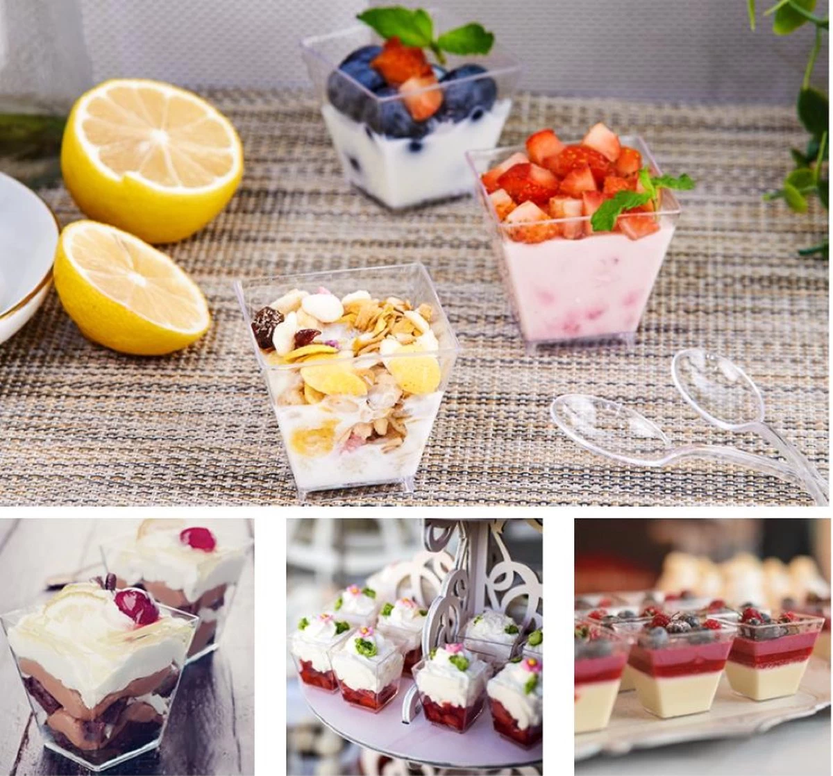 Merkloos Kleine Amuse Bakjes Voor Dessert/IJs/Fruit/Hapjes/Tapas/Toetje/Gebakje/Taartje - Herbruikbare Amusebakjes Van Kunststof - Afwasmachinebestendig - 70ML - Vierkant - 25 Stuks - Transparant - Afbeelding 4