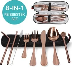 Damster Reisbestek - Verbeterde Versie - Meeneem Bestek Rvs - Reis Bestekset To Go - Incl. Herbruikbare Rietjes - Eenpersoons - Achtdelig - Roodgoud