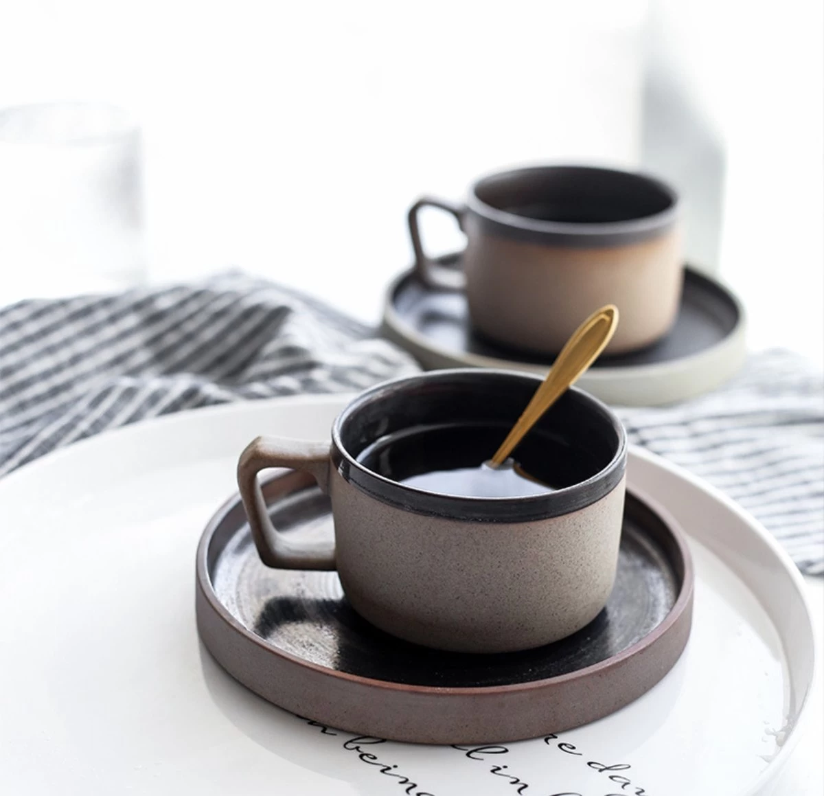 House Of Husk® Keramieke Kop En Schotel Set - Koffiekopjes - Theemokken - Koffiemokken - 250 Ml - Bruin Aardewerk - Afbeelding 2