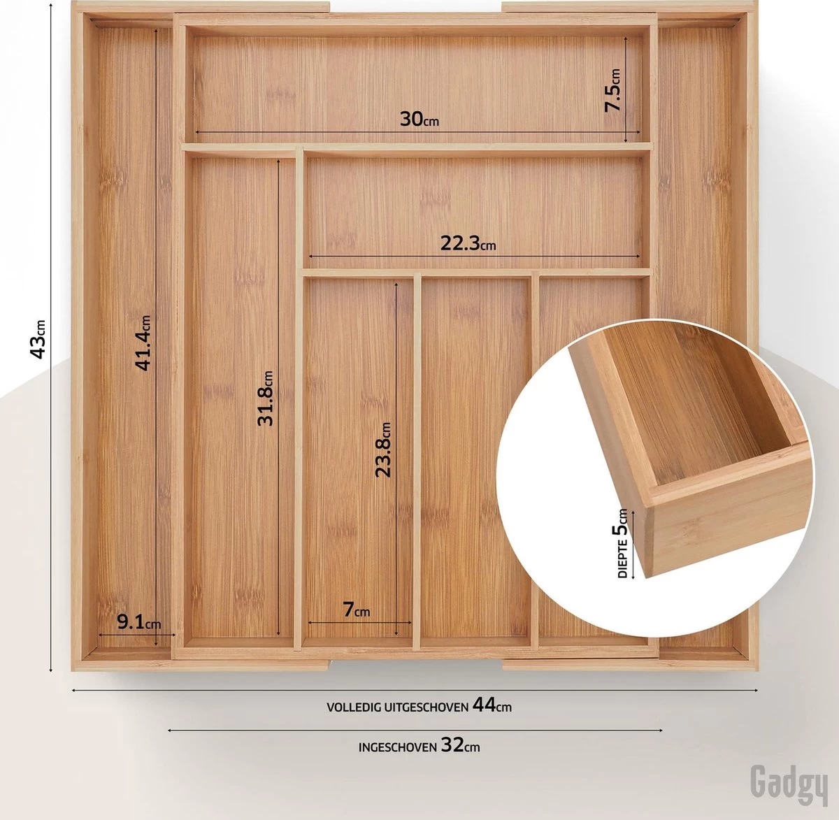 Gadgy Uitschuifbare Bestekbak - Uitschuifbare Bestekcassette Hout - Besteklade - Ladeverdeler - 6/8 Vakken - Bamboe - Afbeelding 4
