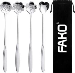 Fako Bijoux® - 4 Lange Lepels Bloem Motief - Latte Macchiato - Longdrink - Cocktail - Dessert - IJs - Koffie - Zilver - 4 Stuks - Bewaarzakje