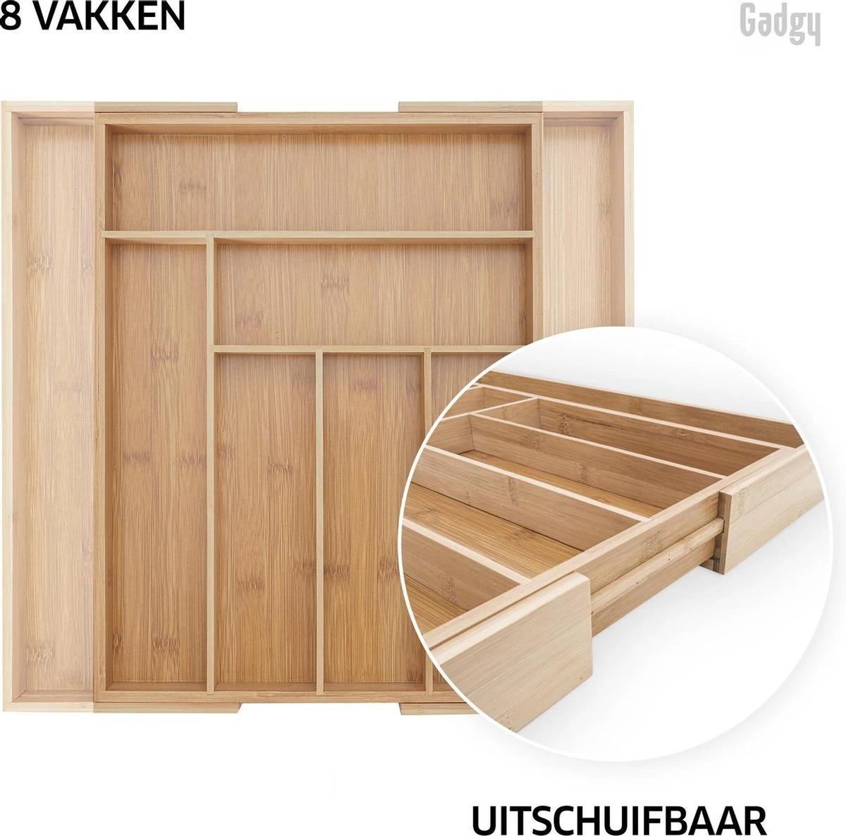 Gadgy Uitschuifbare Bestekbak - Uitschuifbare Bestekcassette Hout - Besteklade - Ladeverdeler - 6/8 Vakken - Bamboe - Afbeelding 6