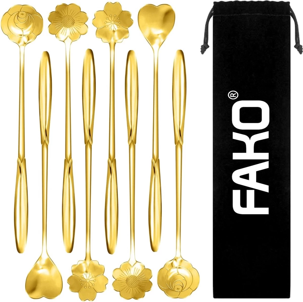 Fako Bijoux® - 8 Lange Lepels Bloem Motief - Latte Macchiato - Longdrink - Cocktail - Dessert - IJs - Koffie - Goud - 8 Stuks - Bewaarzakje