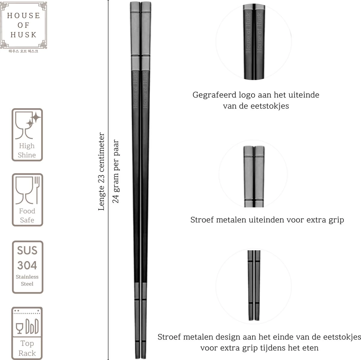 House Of Husk Chopsticks Set - Koreaanse Eetstokjes - Vaatwasserbestendig - RVS - 5 Paar - Lux Zwart - Afbeelding 2