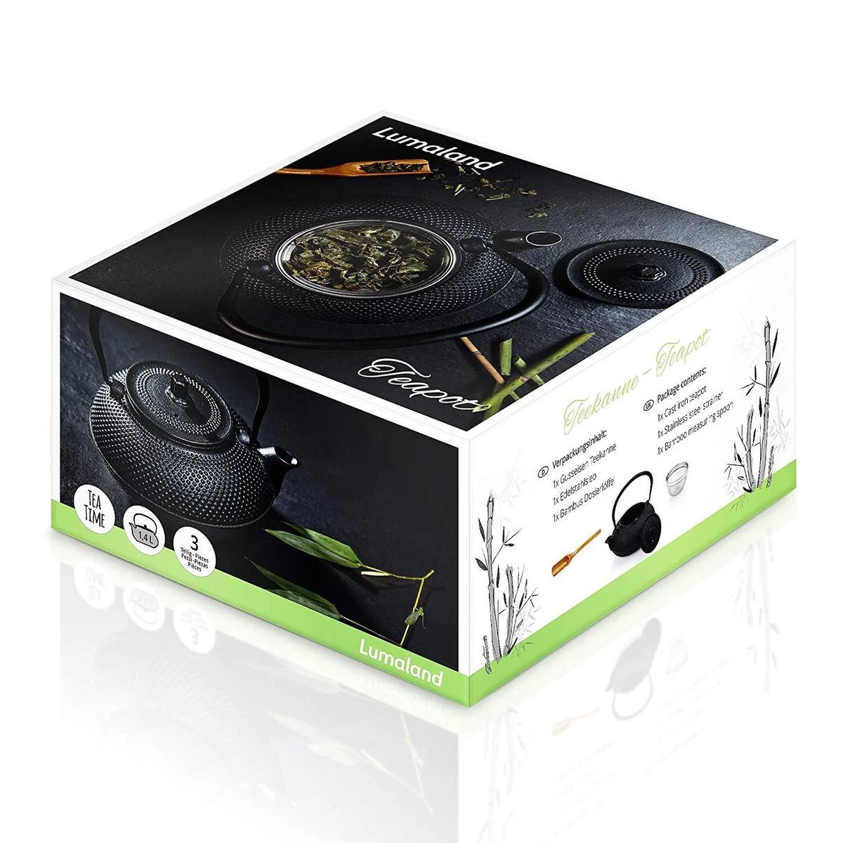 Lumaland - Thee Set - Theeservies - 1x Gietijzeren Theepot (1,4L), 1x Bamboe Doseerlepel, 1x Edelstalen Zeef - Afbeelding 2