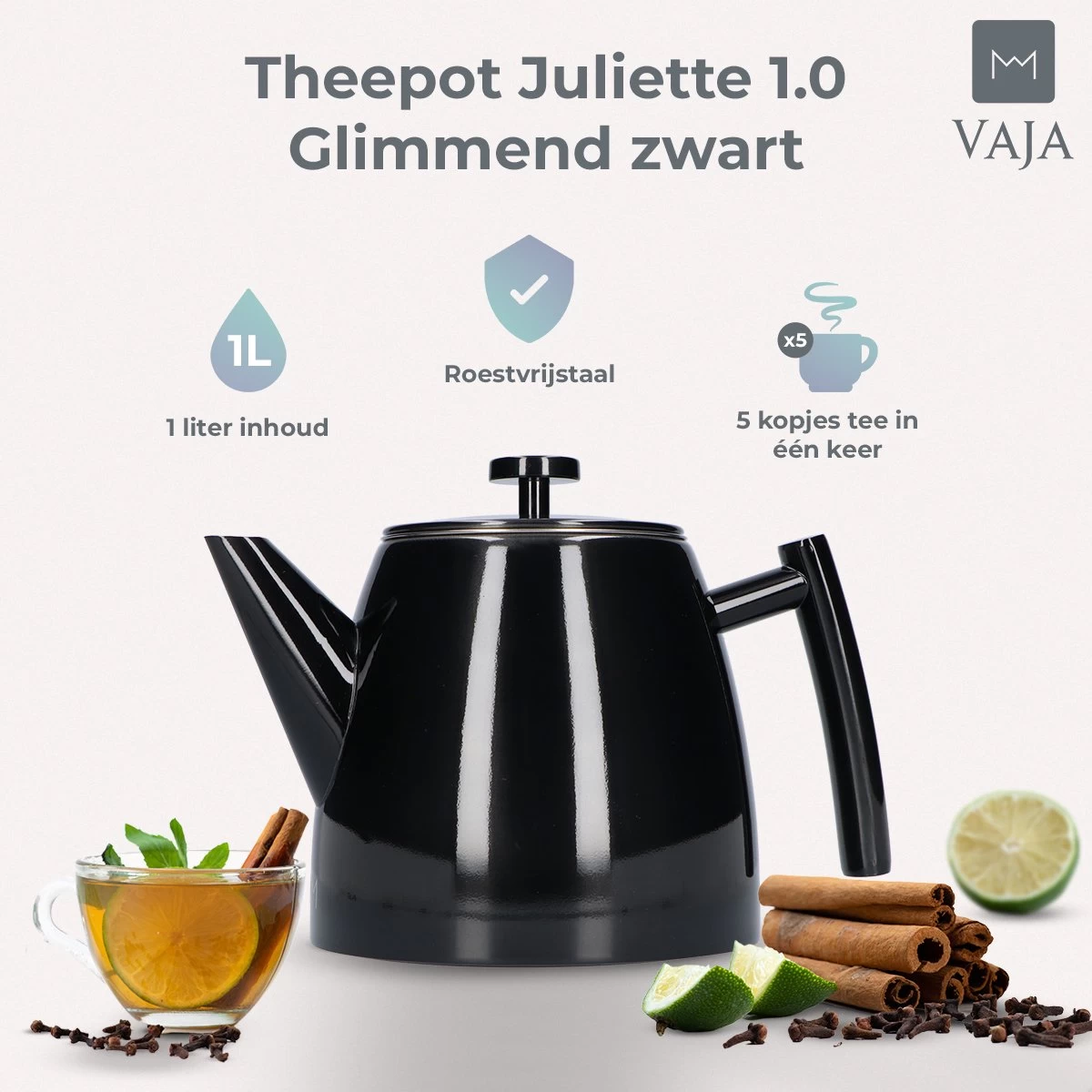 Vaja® Theepot Juliette Met Filter - Dubbelwandig -Theekan 1.0L - Glimmend Zwart - Afbeelding 3