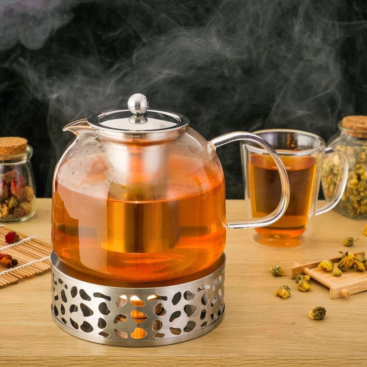 Monzana Theepot Glas - Met Theepotverwarmer – Voor 1,5 Liter RVS Zeef - Afbeelding 6