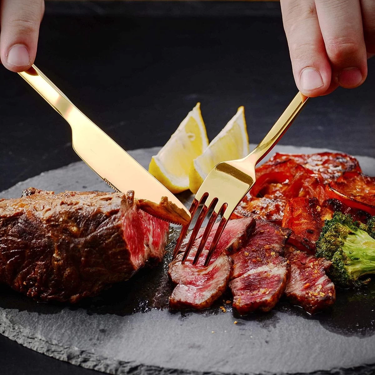 Cadeau 30-delige Gouden Zilverwerk Set Bestekset, Velaze 18/10 Roestvrijstalen Gebruiksvoorwerpen Service Voor 6 Personen Inclusief Dinerlepel, Diner Vork, Diner Mes, Dessertvork En Theelepel, Spiegel Gepolijst Ontwerp - Afbeelding 2