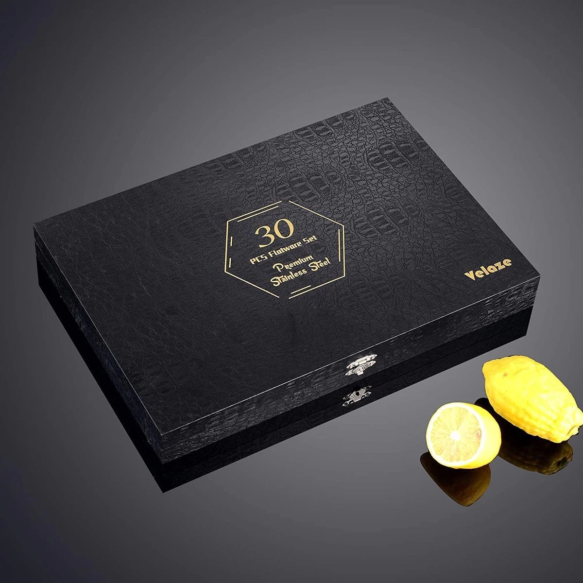 Cadeau 30-delige Gouden Zilverwerk Set Bestekset, Velaze 18/10 Roestvrijstalen Gebruiksvoorwerpen Service Voor 6 Personen Inclusief Dinerlepel, Diner Vork, Diner Mes, Dessertvork En Theelepel, Spiegel Gepolijst Ontwerp - Afbeelding 3