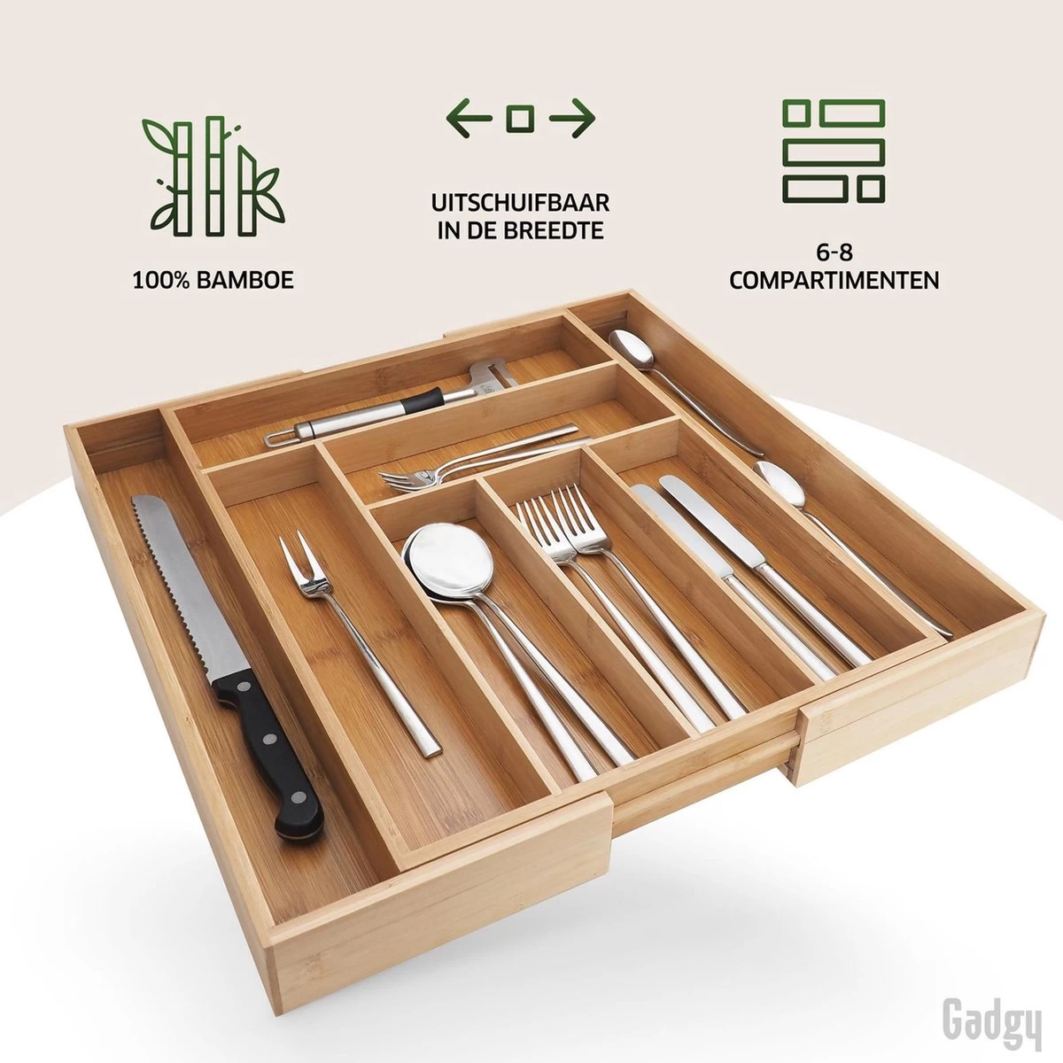 Gadgy Uitschuifbare Bestekbak - Uitschuifbare Bestekcassette Hout - Besteklade - Ladeverdeler - 6/8 Vakken - Bamboe - Afbeelding 2
