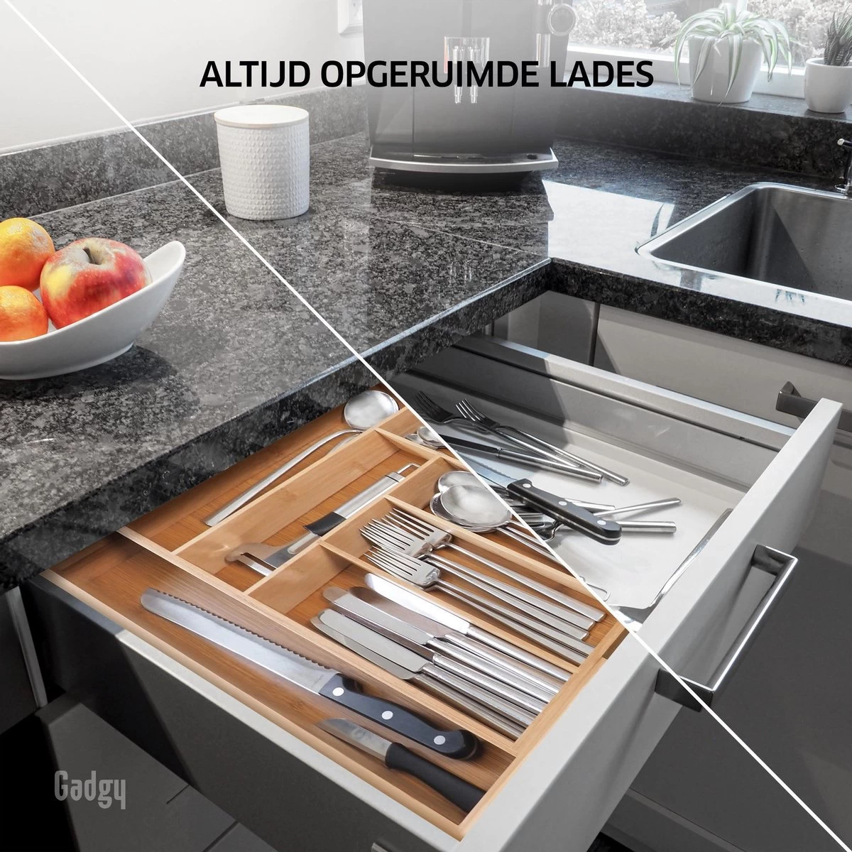 Gadgy Uitschuifbare Bestekbak - Uitschuifbare Bestekcassette Hout - Besteklade - Ladeverdeler - 6/8 Vakken - Bamboe - Afbeelding 3