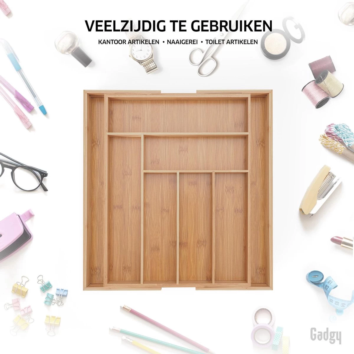 Gadgy Uitschuifbare Bestekbak - Uitschuifbare Bestekcassette Hout - Besteklade - Ladeverdeler - 6/8 Vakken - Bamboe - Afbeelding 7