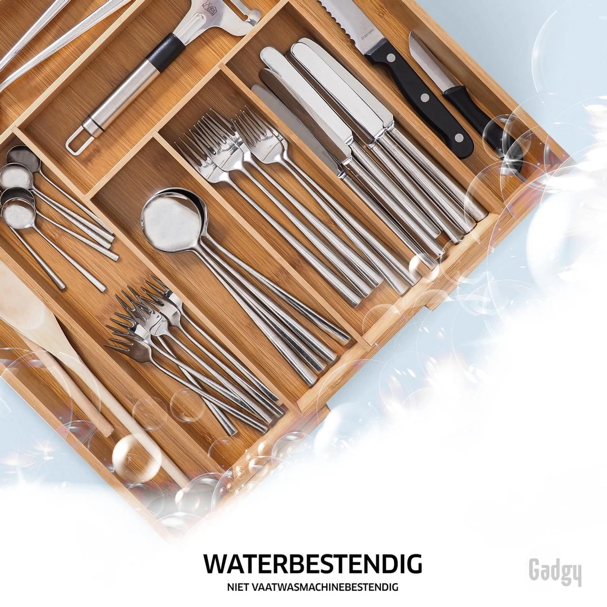 Gadgy Uitschuifbare Bestekbak - Uitschuifbare Bestekcassette Hout - Besteklade - Ladeverdeler - 6/8 Vakken - Bamboe - Afbeelding 8