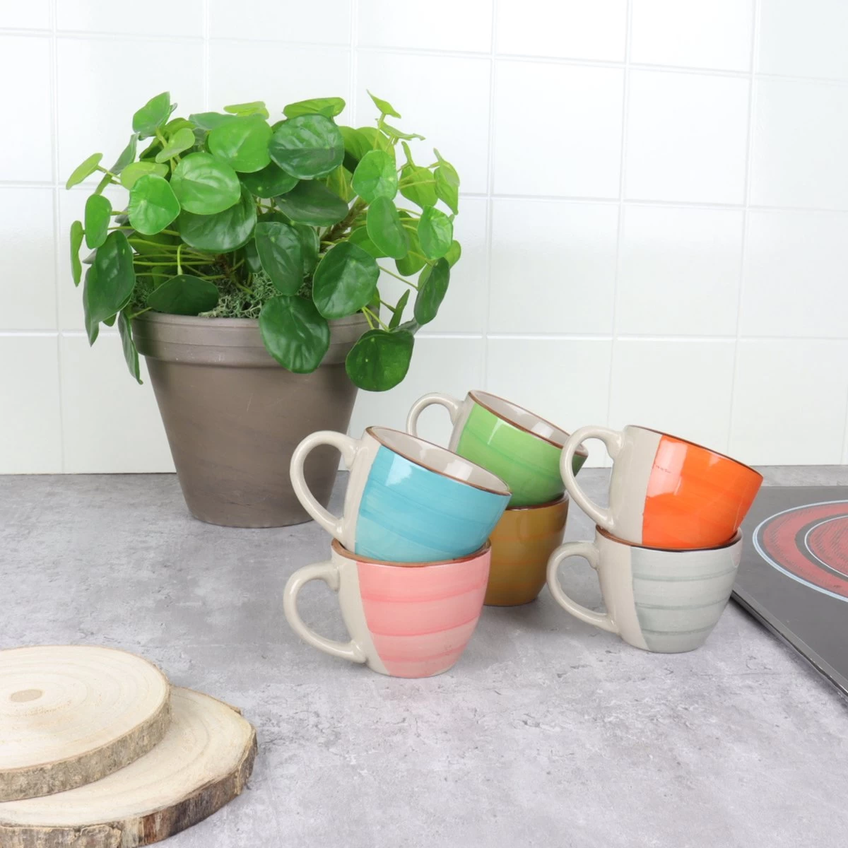 Orange85 Espresso Kopjes - Koffie - Set Van 6 - Meerdere Kleuren - 100 Ml - Aardewerk - Glazen - Met Oor - Koffiekopjes - Afbeelding 3