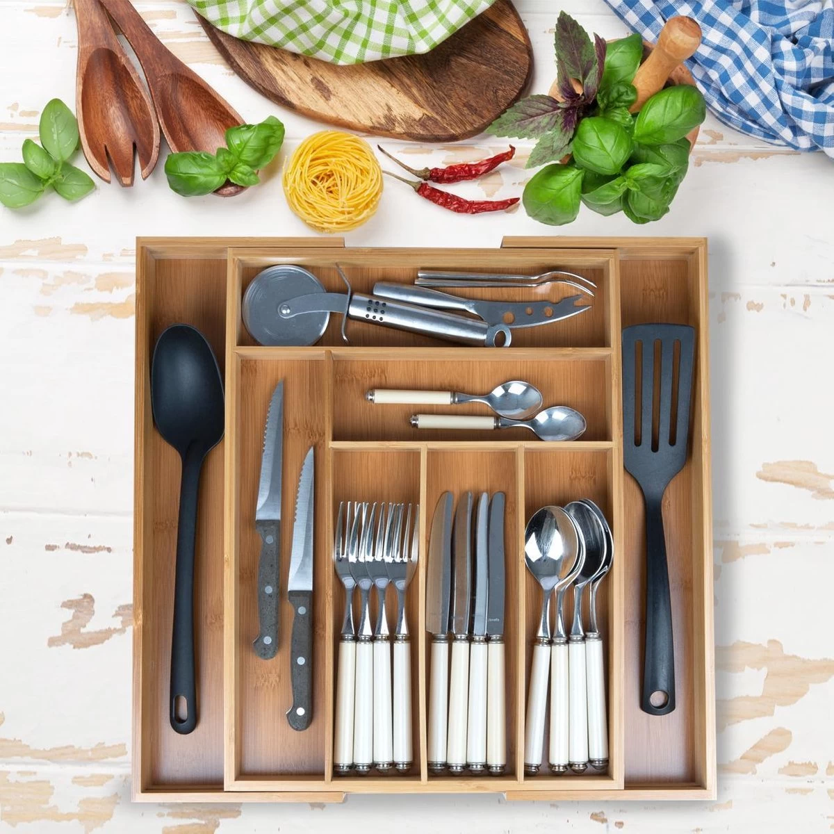 KitchenBrothers Bestekbak - Verstelbare Besteklade - 30 Tot 44.5cm - Bamboehout - Afbeelding 2