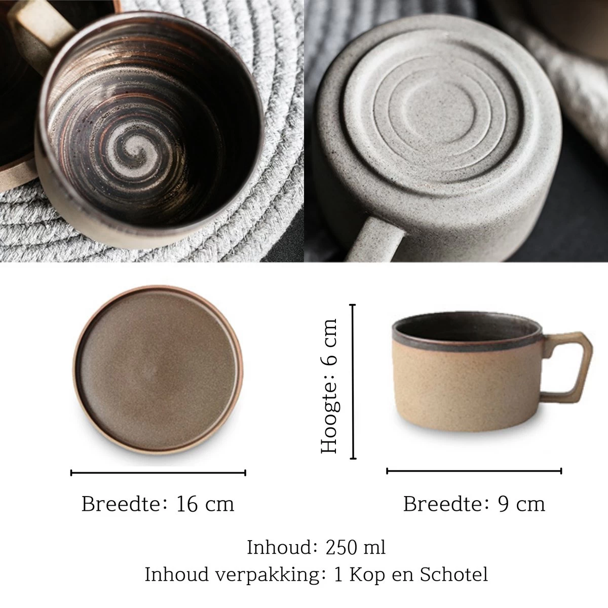 House Of Husk® Keramieke Kop En Schotel Set - Koffiekopjes - Theemokken - Koffiemokken - 250 Ml - Bruin Aardewerk - Afbeelding 3
