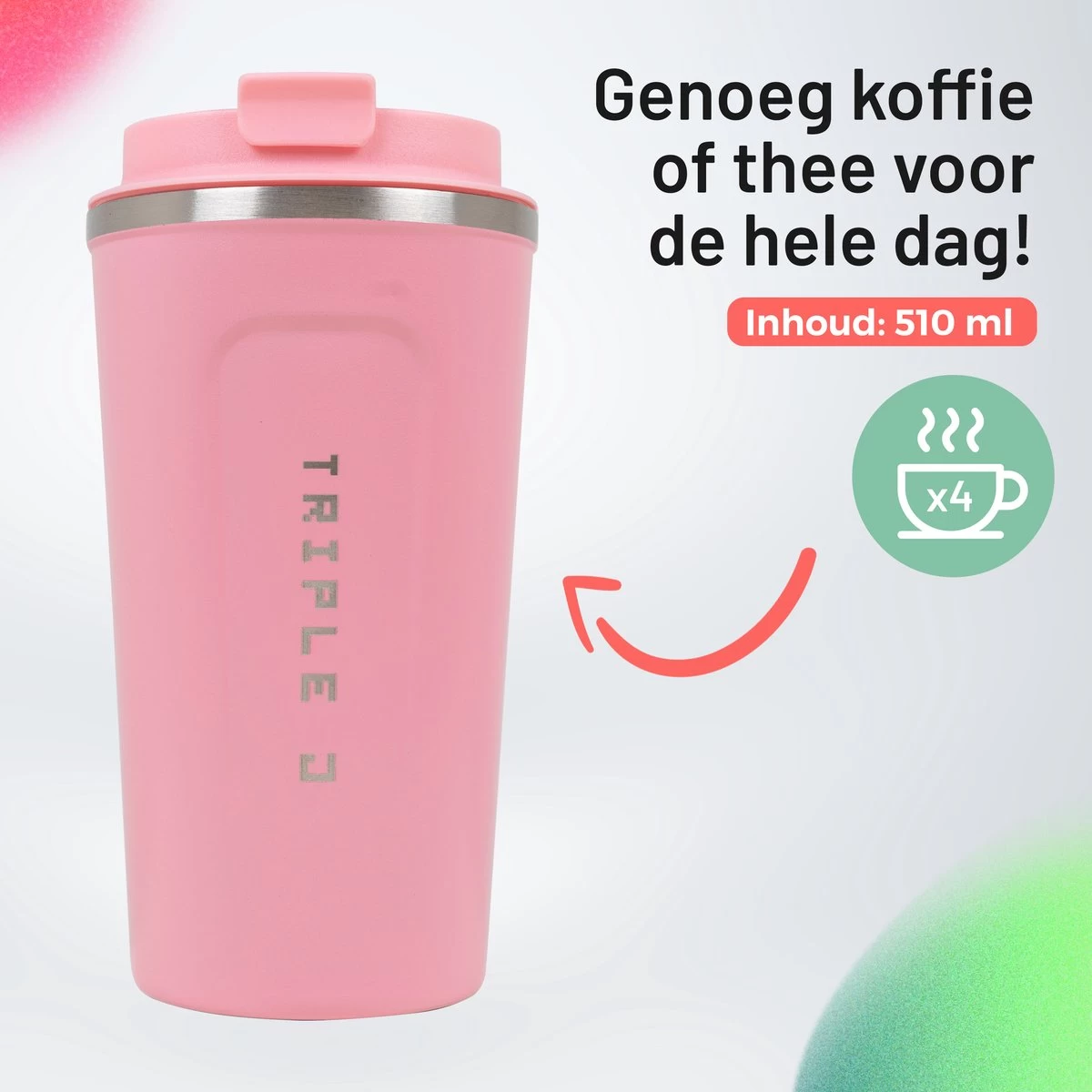 Triple J® Koffiebeker To Go - Thermosbeker - BPA & Lekvrij - 510ml - Roze - Afbeelding 3