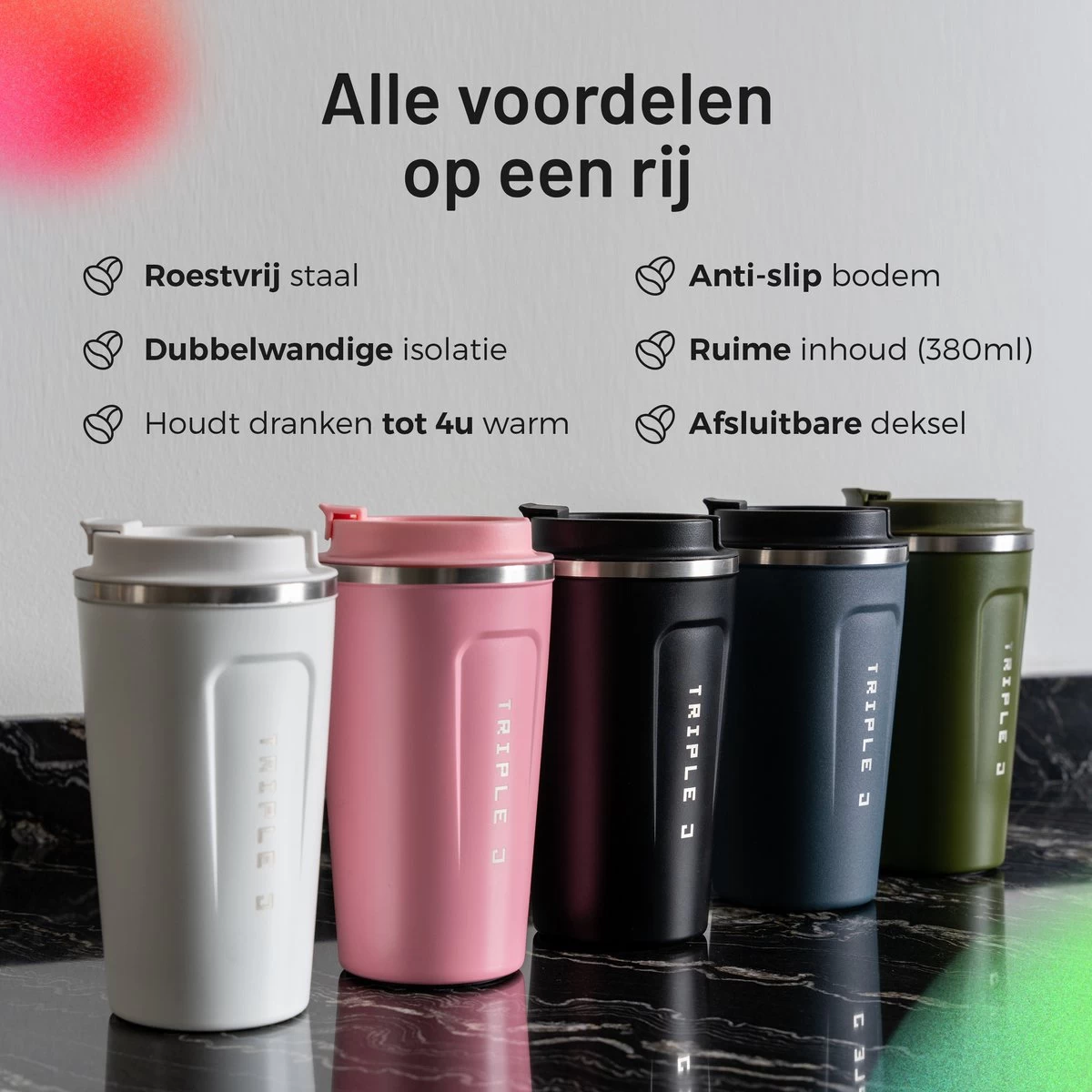 Triple J® Koffiebeker To Go - Thermosbeker - BPA & Lekvrij - 510ml - Roze - Afbeelding 7