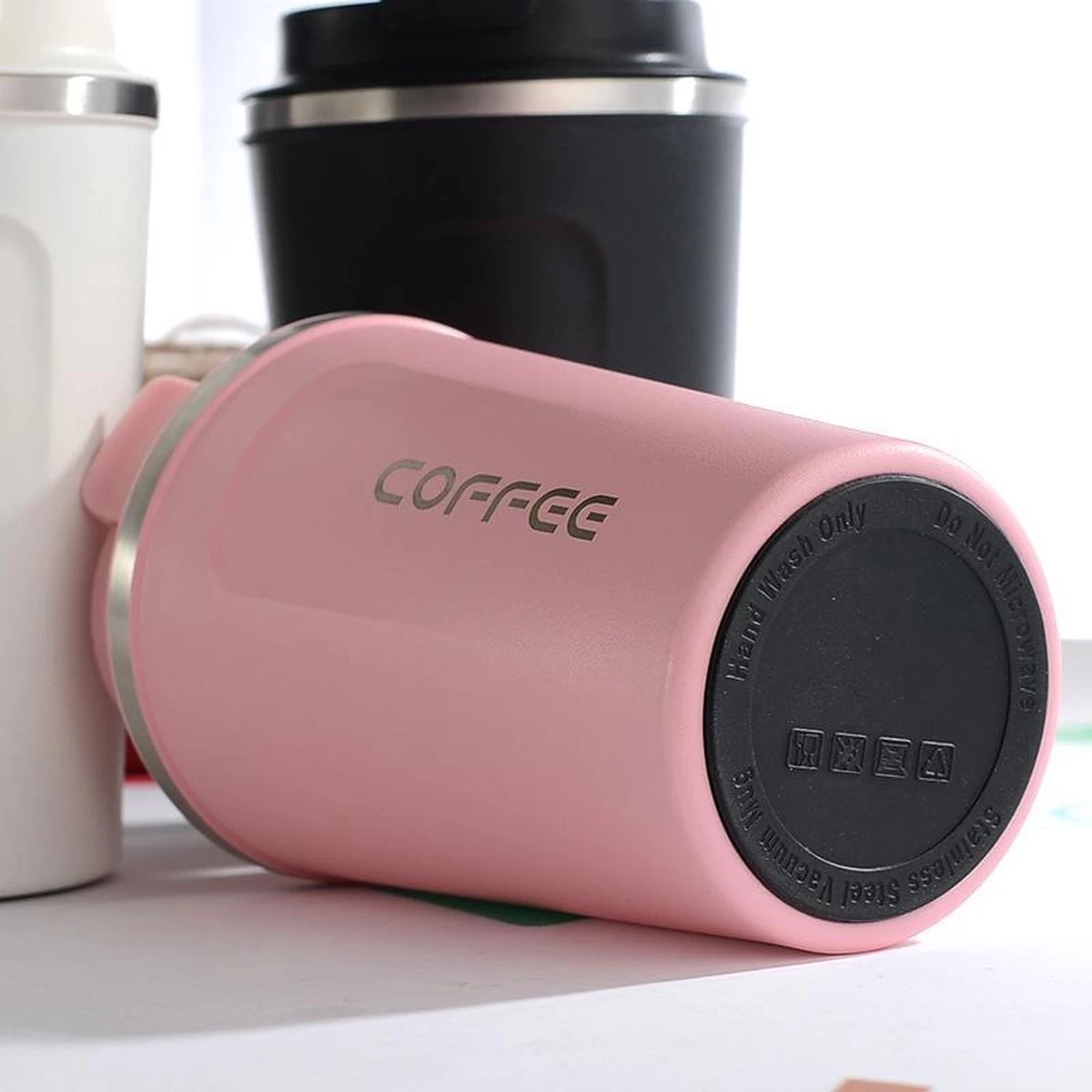 Koffiebeker To Go | Lekvrije Thermosbeker | Thermosfles | RVS Reisbeker | Dubbelwandige Travel Mug | 350 Ml | Roze - Afbeelding 3