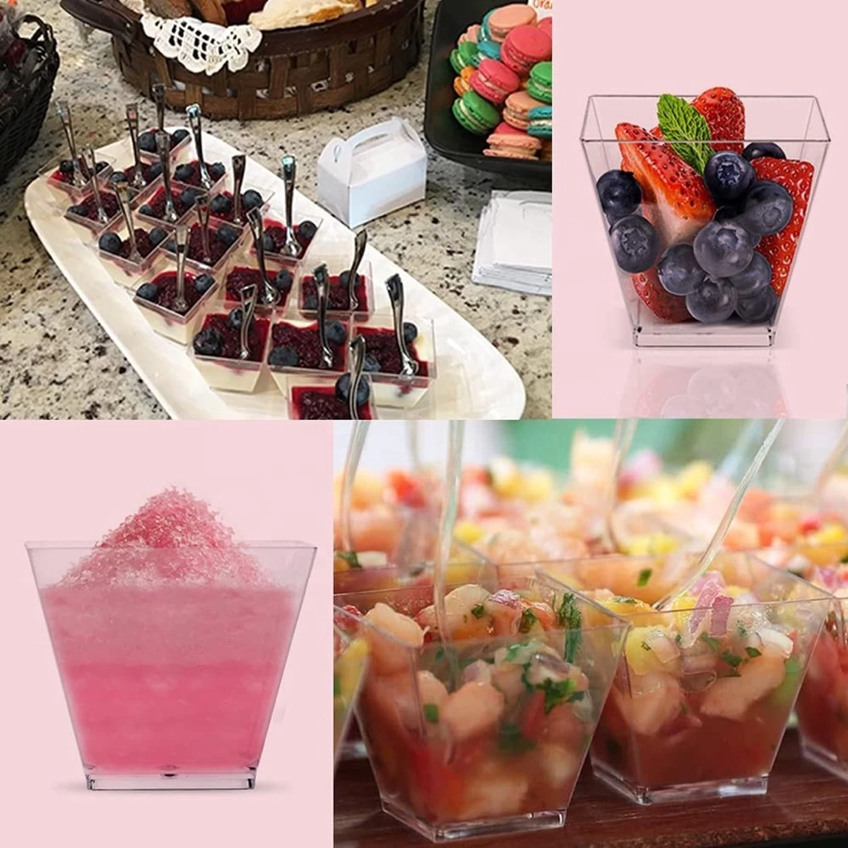 Merkloos Kleine Amuse Bakjes Voor Dessert/IJs/Fruit/Hapjes/Tapas/Toetje/Gebakje/Taartje - Herbruikbare Amusebakjes Van Kunststof - Afwasmachinebestendig - 70ML - Vierkant - 25 Stuks - Transparant - Afbeelding 3