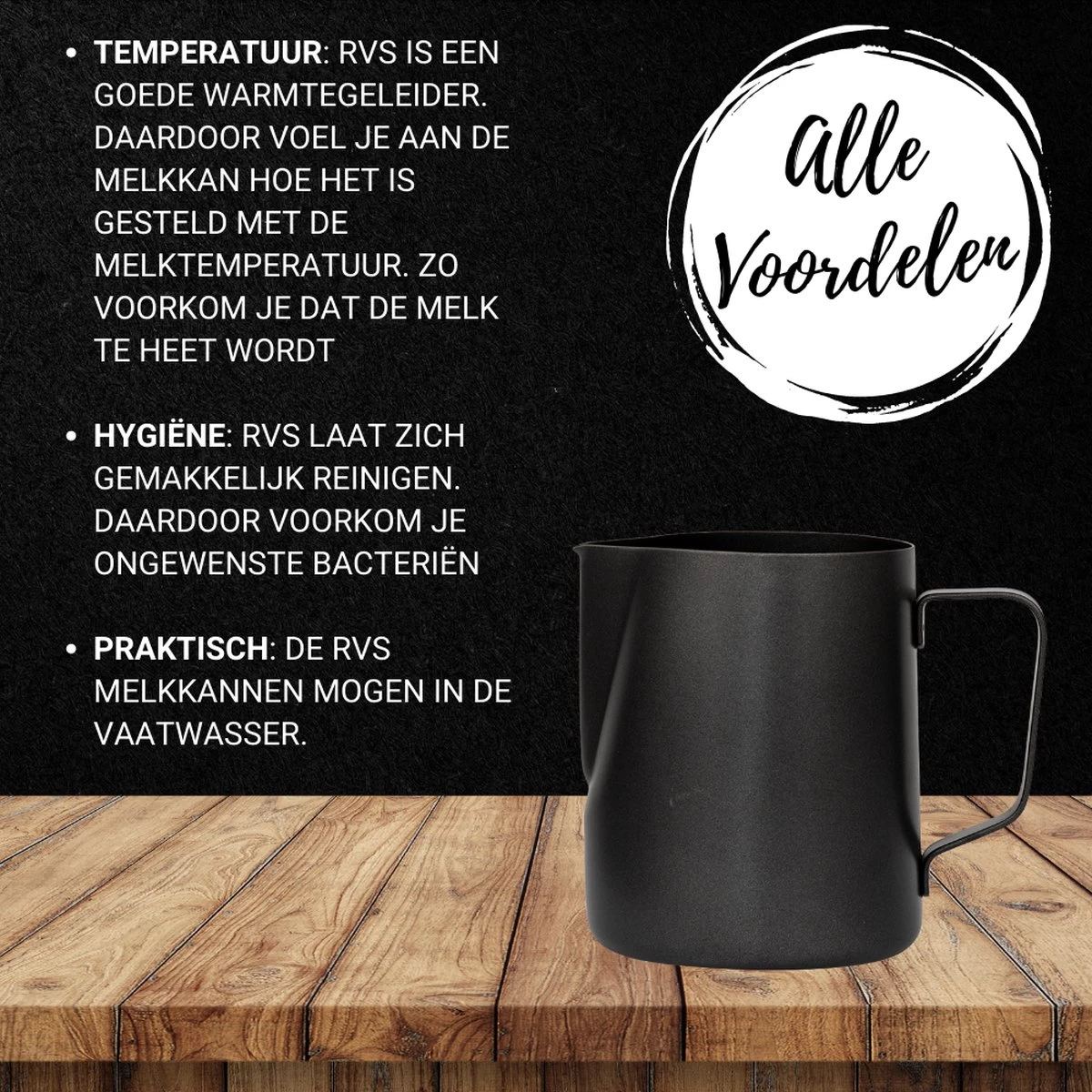 Merkloos Pazzo Goods - Melkkan - Melkkannetje Opschuim - Zwart - 350 Ml - Premium Kwaliteit - RVS - - Afbeelding 3