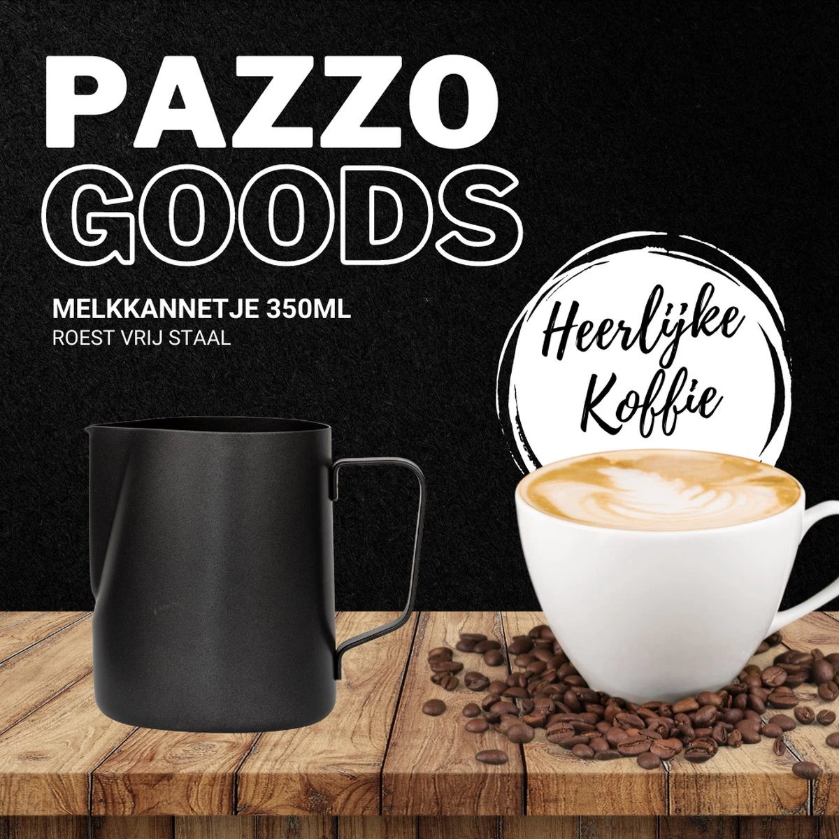 Merkloos Pazzo Goods - Melkkan - Melkkannetje Opschuim - Zwart - 350 Ml - Premium Kwaliteit - RVS - - Afbeelding 5
