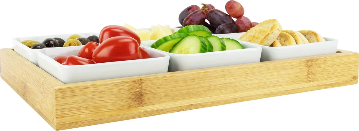 Krumble Borrelplank Met 6 Schaaltjes - Borrelplank - Tapasschaal - Serveerschaal Met Vakjes - Snackschaal - Snack- & Tappasschalen - Serveerplanken- Serveerschalen - Hout En Keramiek - 6 Delig Schaaltjes - Wit En Bruin - Afbeelding 2