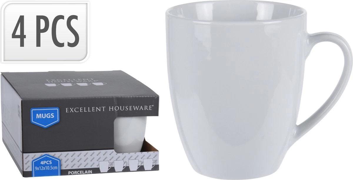 Excellent Houseware Set Van 4x Stuks Bekers/mokken Wit 380 Ml Van Porselein - Melkbekers - Afbeelding 5