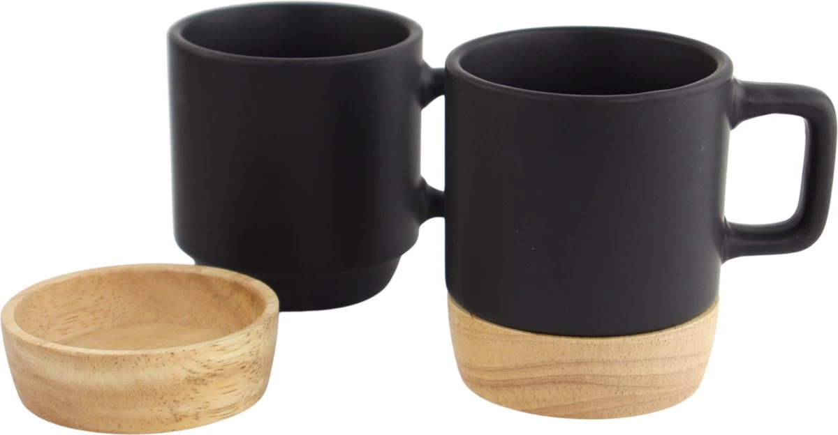 Orange85 Espresso Kopjes - Zwart - Set Van 4 - Met Bamboe Onderzetter - Met Oor - Koffiekopjes - Afbeelding 2
